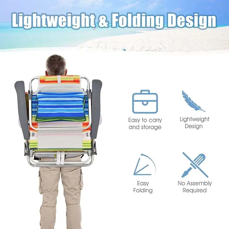 2 Pcs Folding Backpack Beach Chairs 5-Position Adjustable Outdoor Camping Chairs with Cooler Bag & Cup Holder