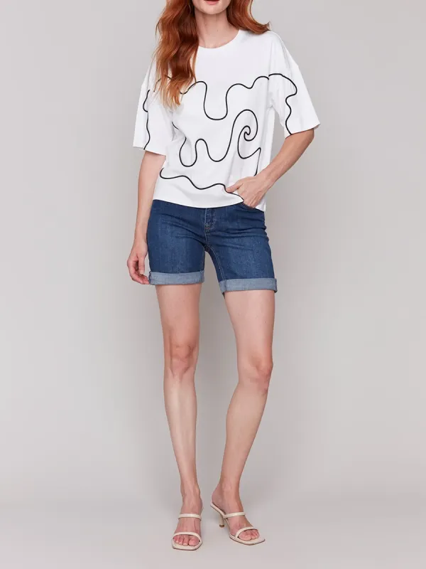 Fashion Abstract Line Drawing Cotton Short Sleeve