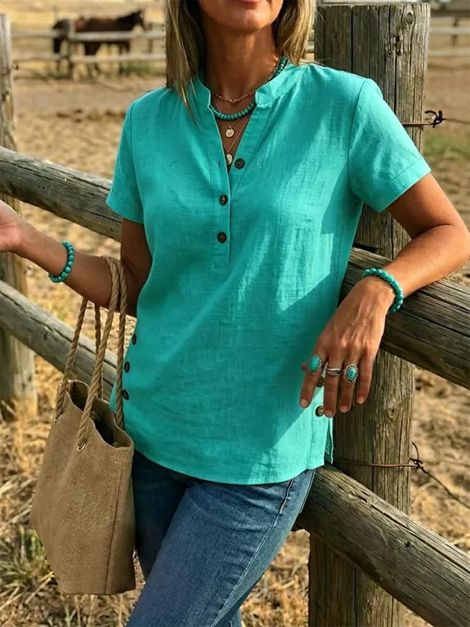 Women's Linen Blend Casual V-Neck Button Up Shirt