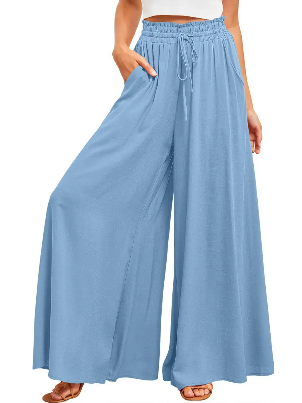 Textured Wide Leg Pants With Pocket