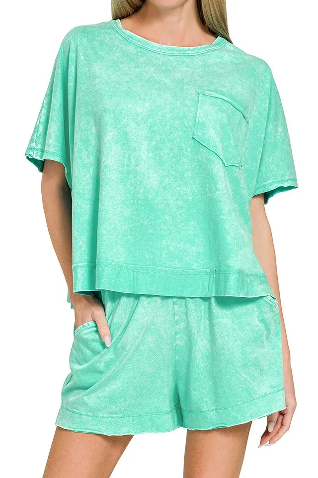Zenana Acid Washed Oversized Top & Shorts Set