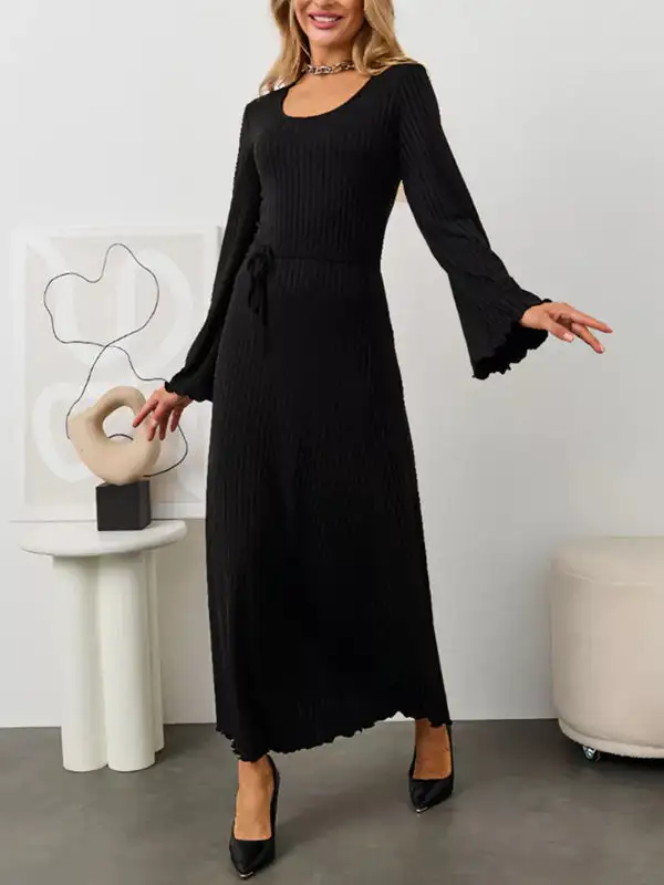Sleeves Pleated Ruffled Long Neck Maxi Dress