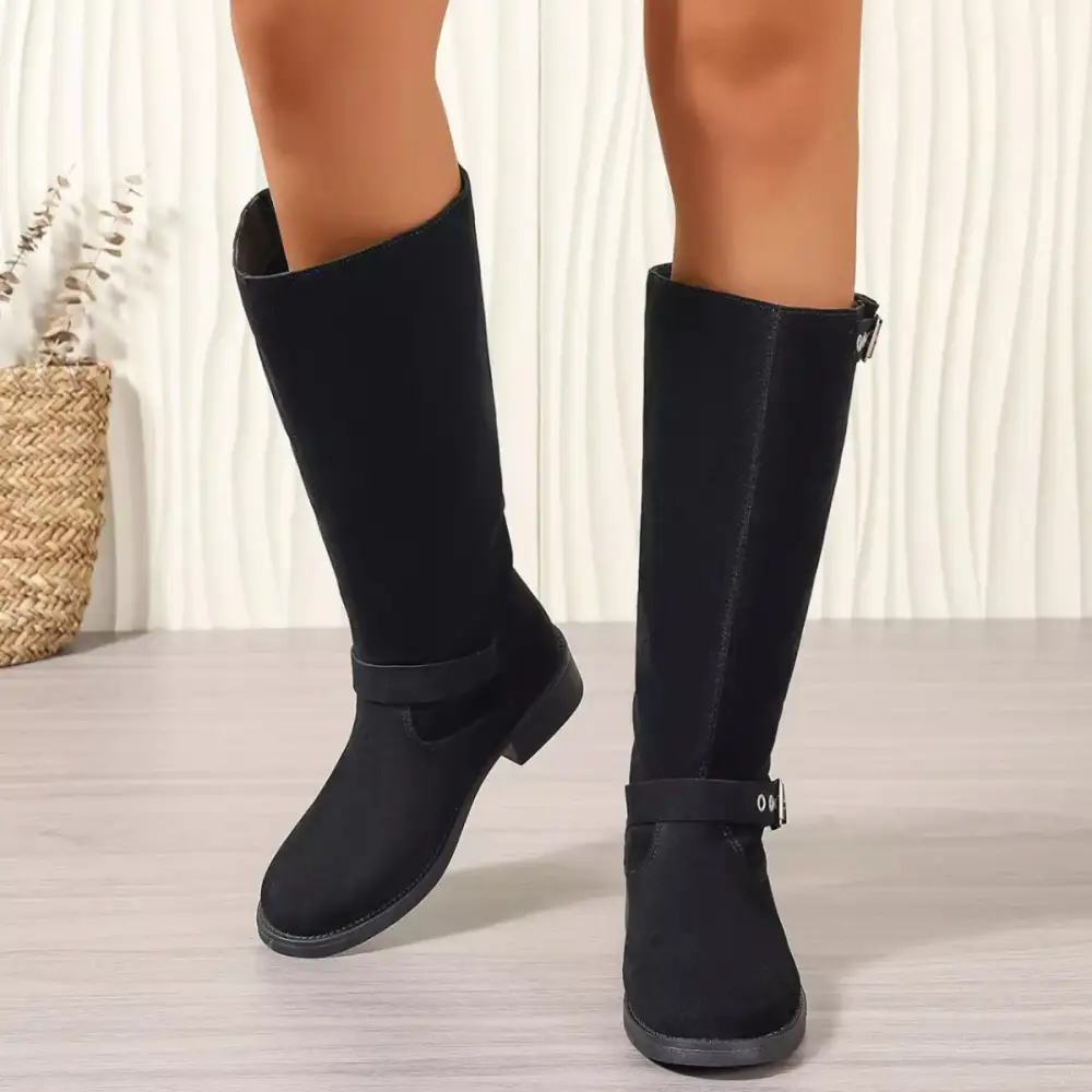Textured Round Toe Block Heel Boots