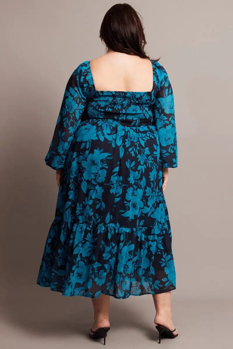 Black Floral Midi Dress Long Sleeve Ruched Front