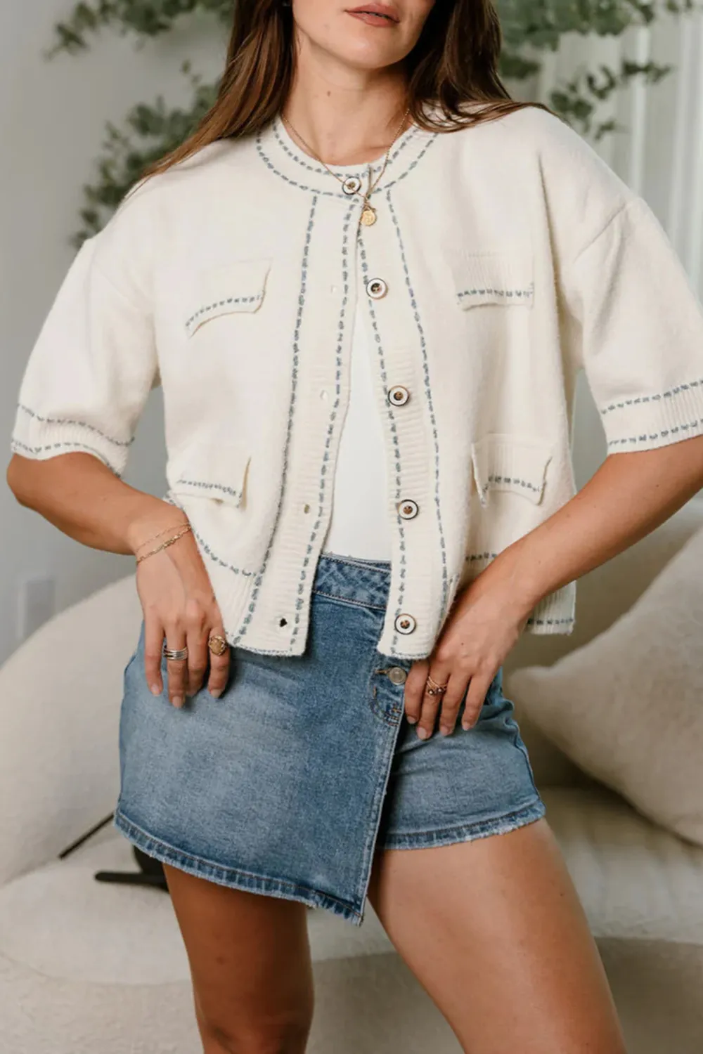 Contrast Color Stitch Button Up Cardigan