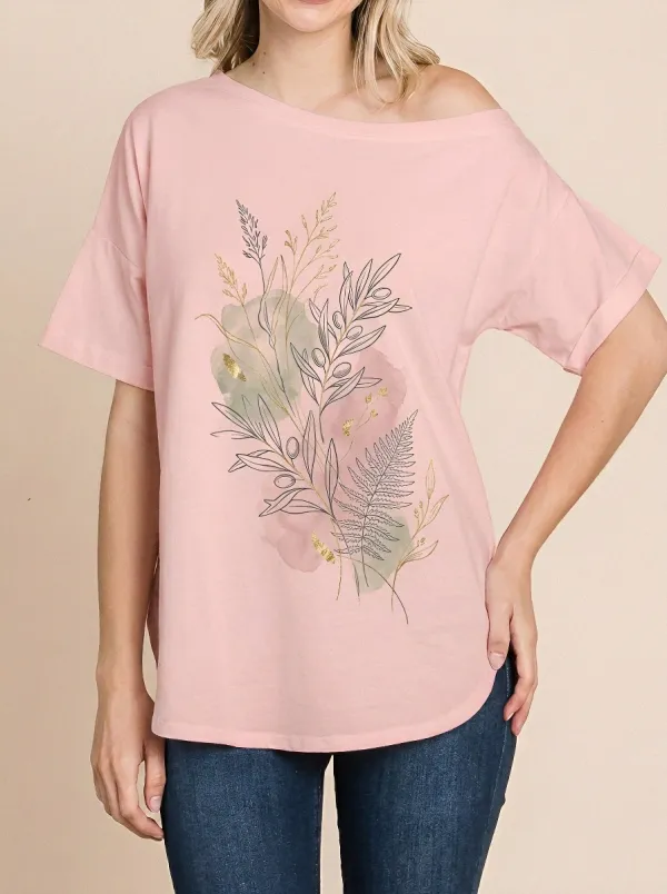 Women's Botanical Nature Lover Olive Branch Fern Printed T-shirt