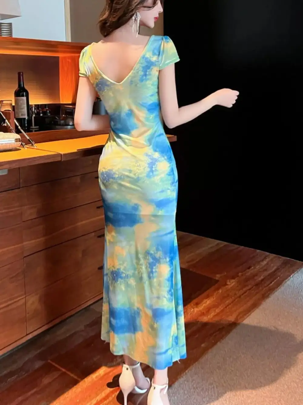 Tie Dye Surplice Ruffle Slit Dress