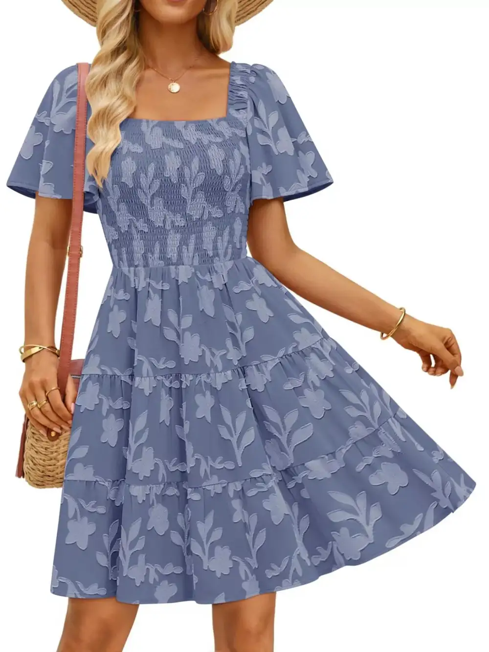 Square Neck Tiered Smocked Mini Dress