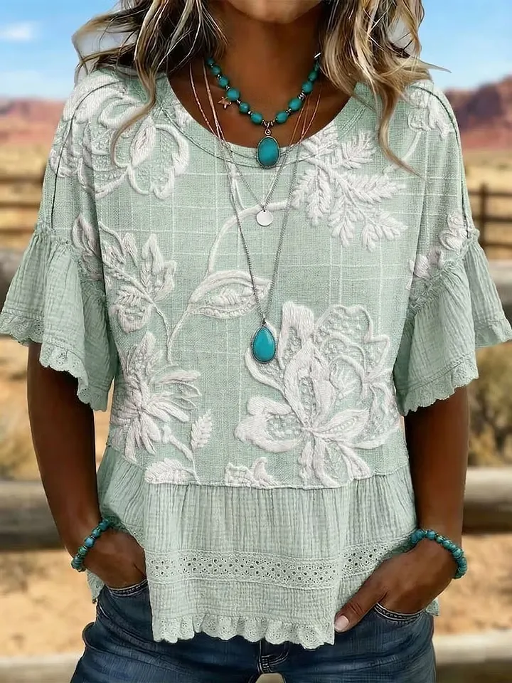 Women'S Retro Western Flower Art Printed Splicing T-Shirt