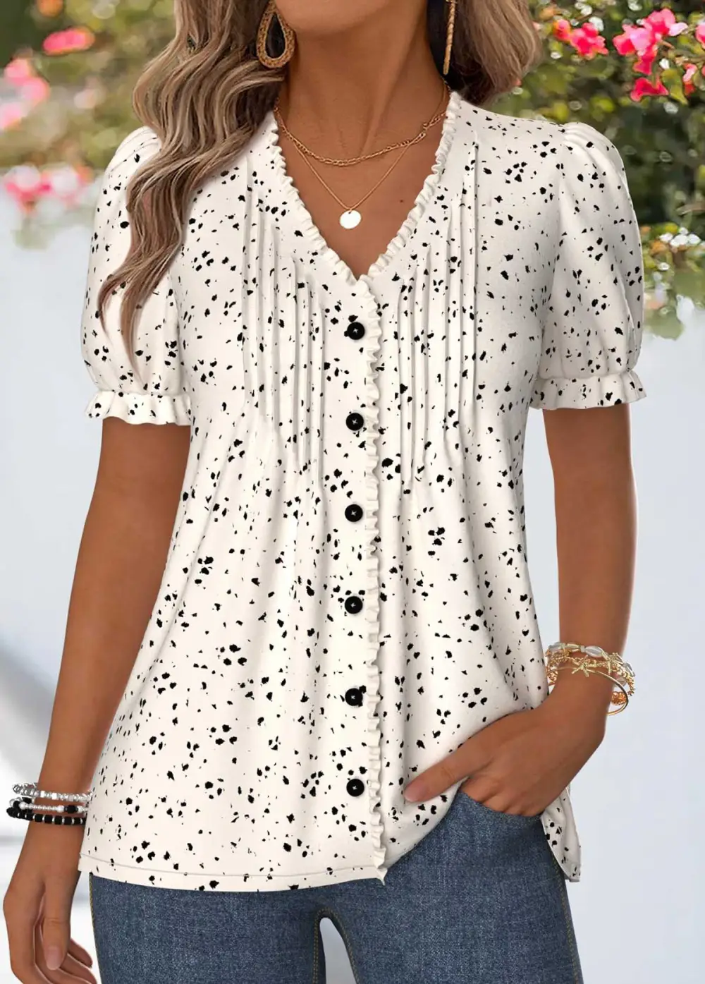 Red Geometric Print Frill Short Sleeve T Shirt