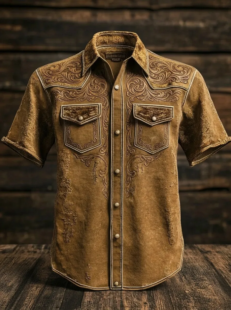 Men's Western Cowboy Floral Embossed Printed Shirt-2