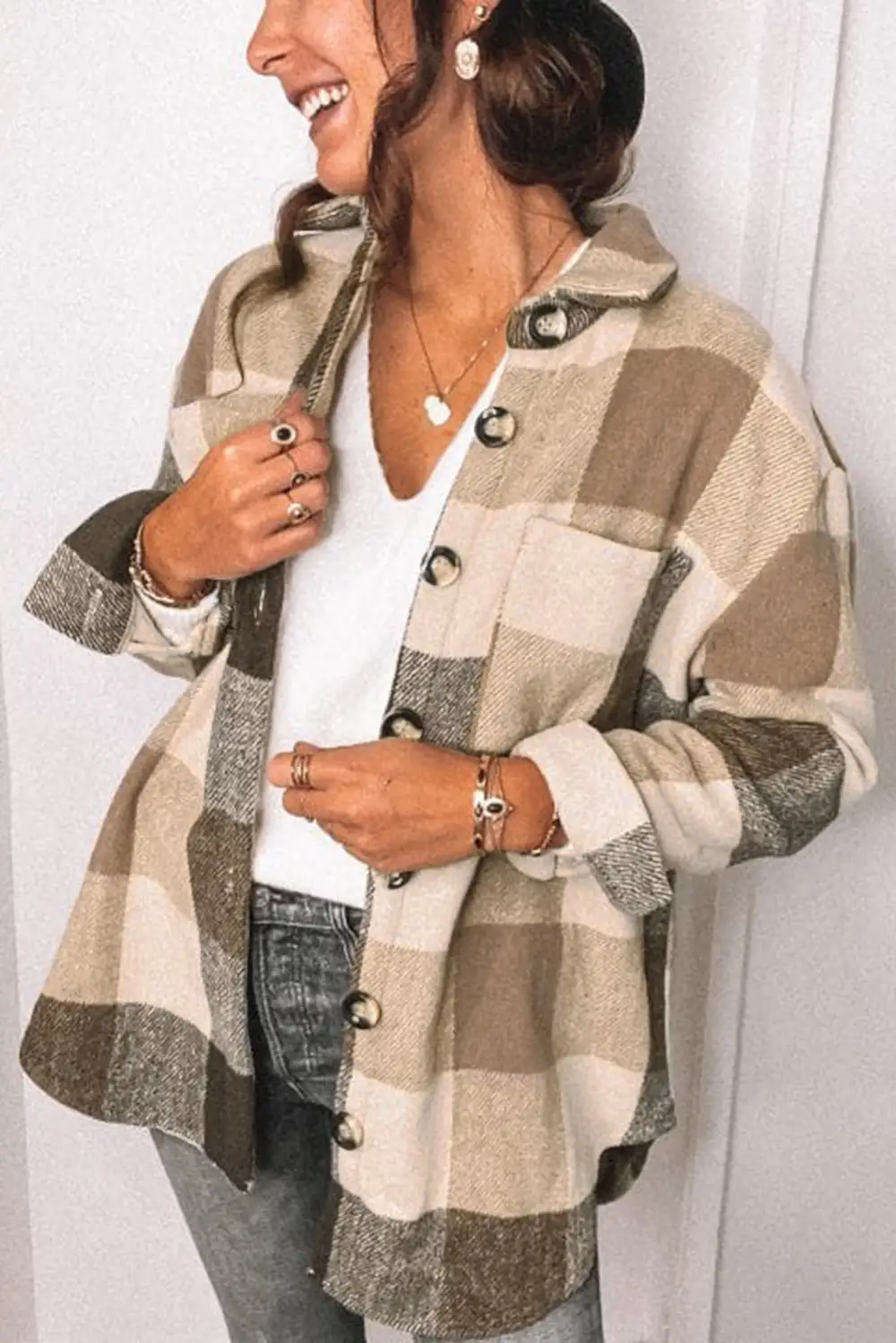 Everyday Plaid Pocket Button Front Jacket