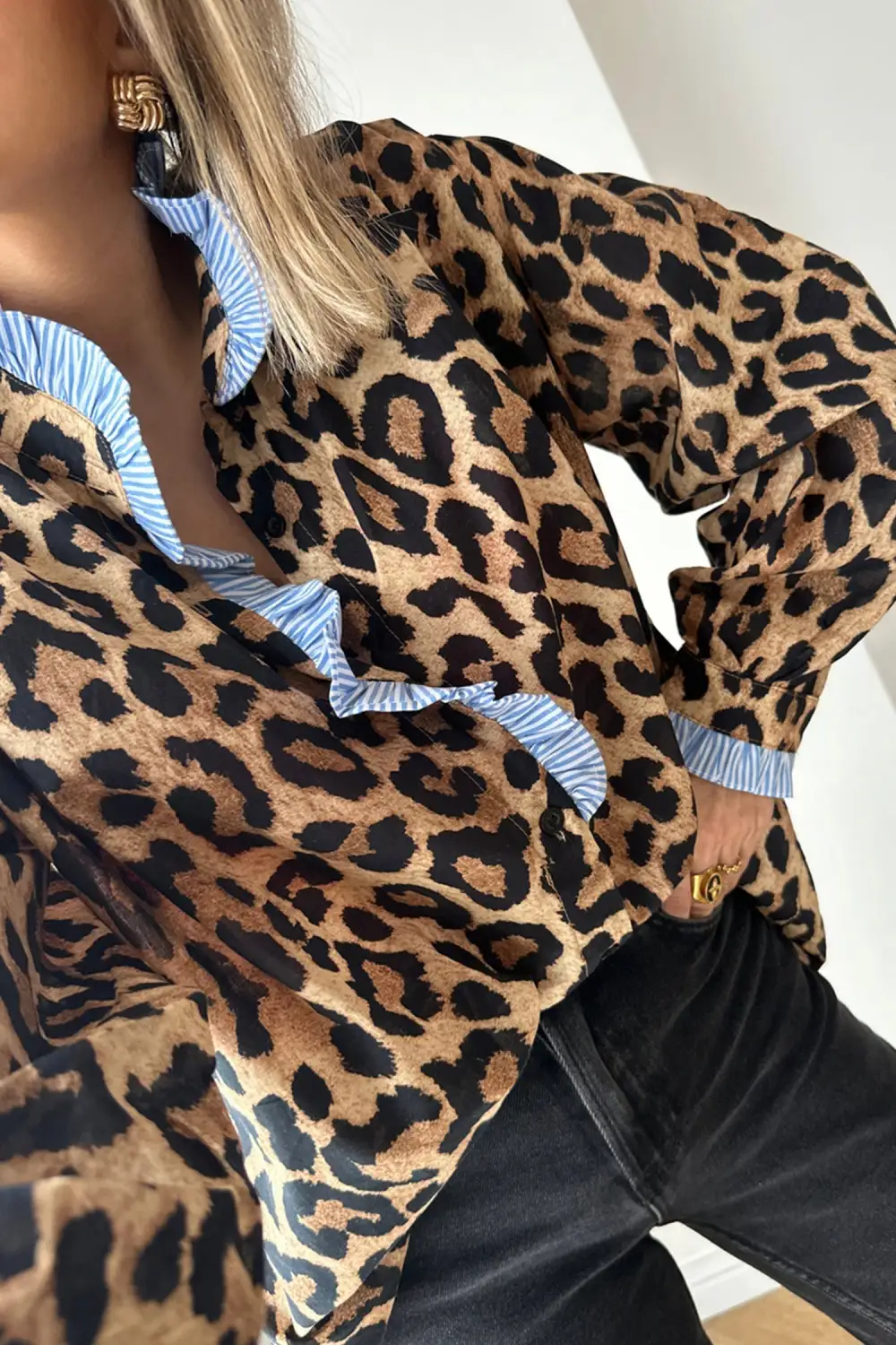 Striped Leopard Print Frilled Shirt Blouse