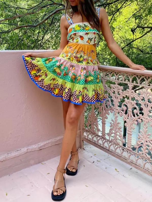Multicolorlemon Preated Hem Mini Dress