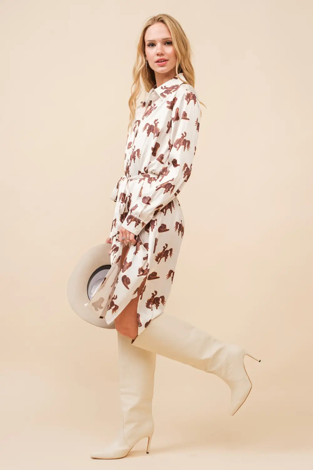 Satin Western Print Button Up Shirt Dress