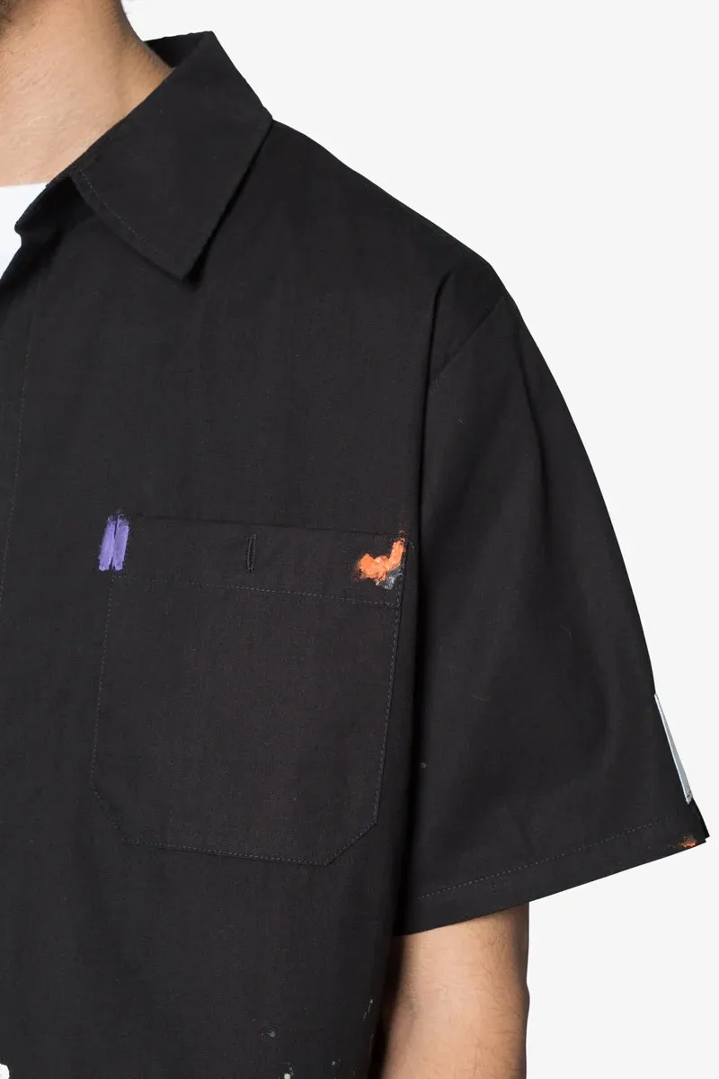 BLACK PAINT SPLATTER POPLIN SHORT SLEEVE SHIRT