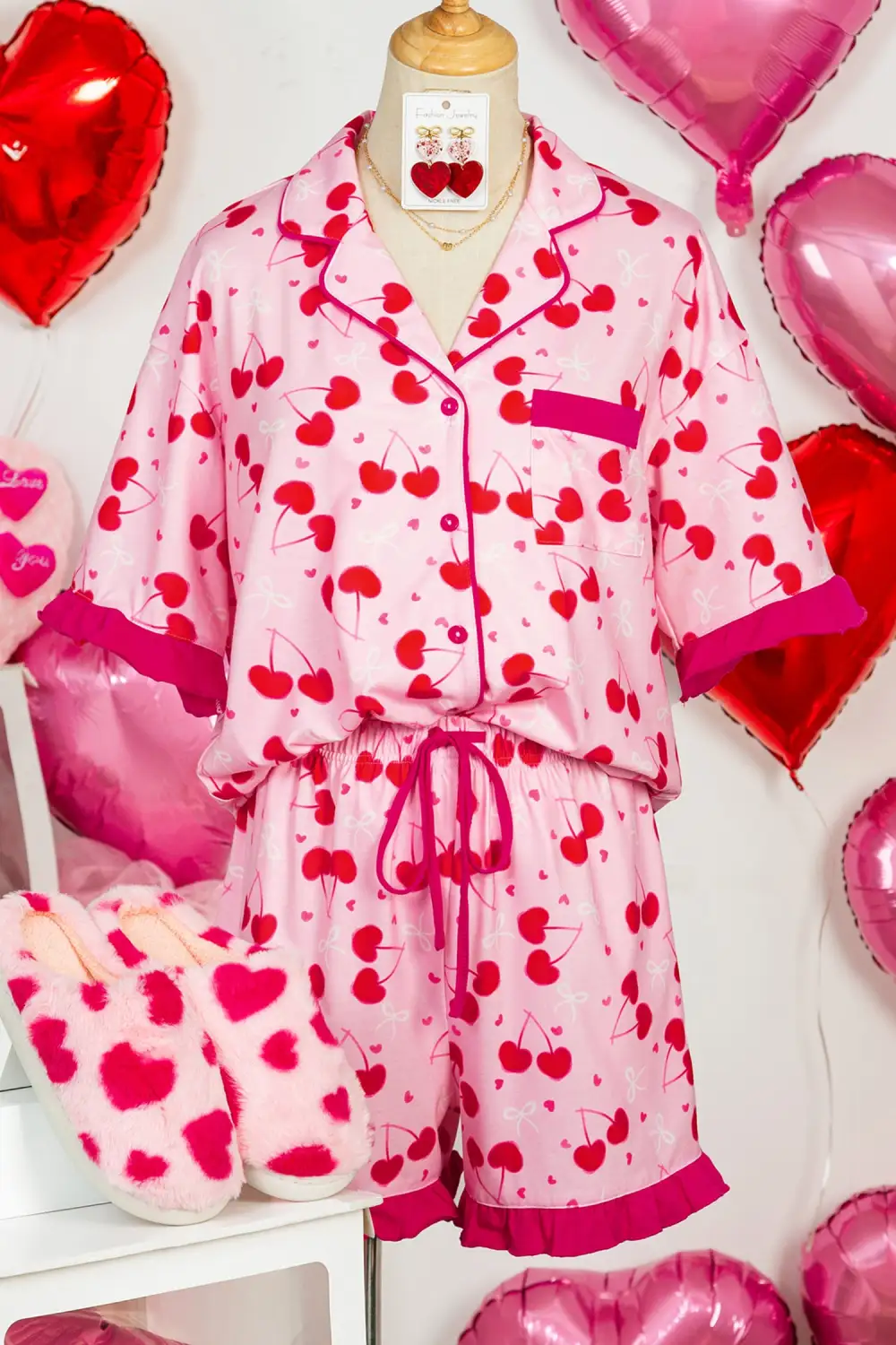 Bow Print Cherry Print Short Pajama Set