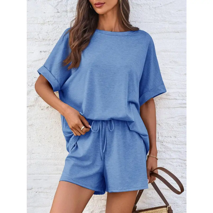 Round Neck T Shirt and Drawstring Shorts Set