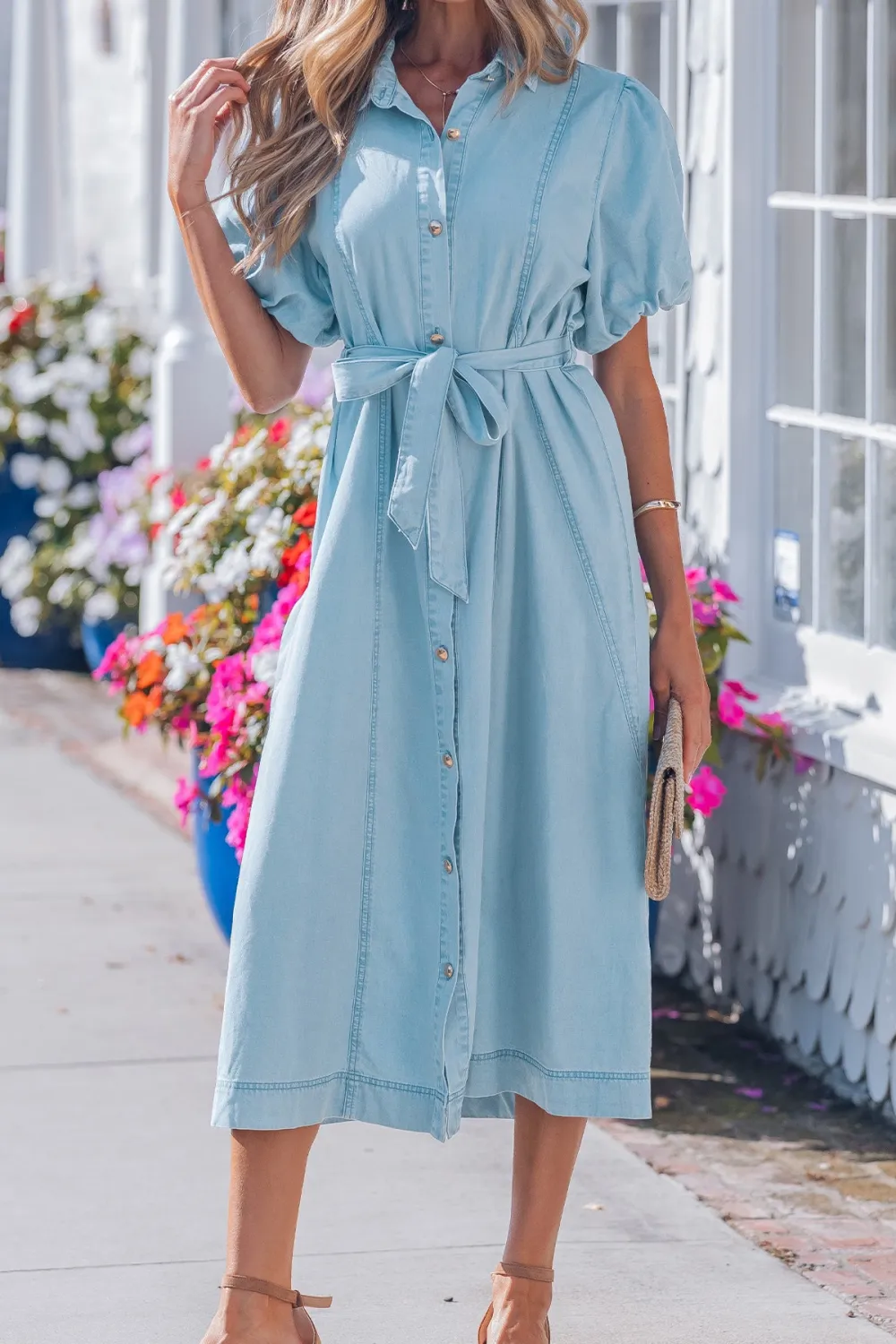 Denim Short Sleeve Collared Button Front Midi Dress