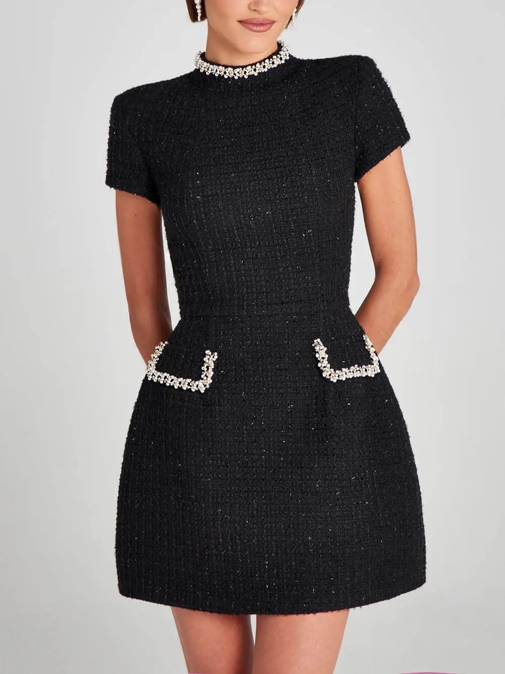 And Playful Pearl Trim Pocket Mini Dress