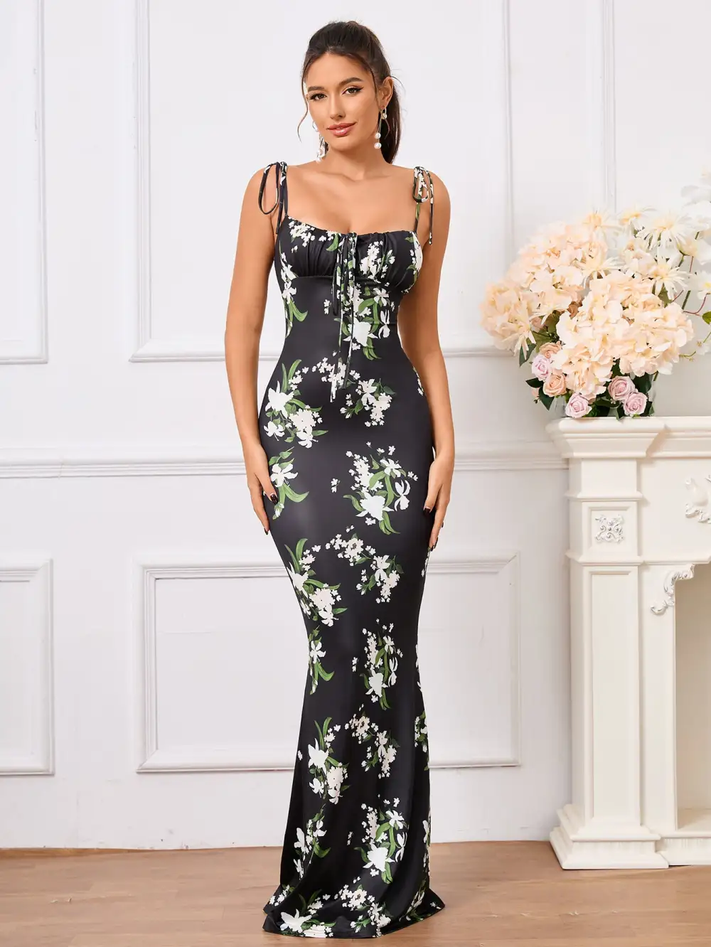 Tie Shoulder Fishtail Hem Floral Print Prom Dress