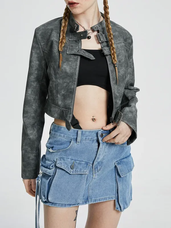 Pu Stand Collar Long Sleeve Jacket