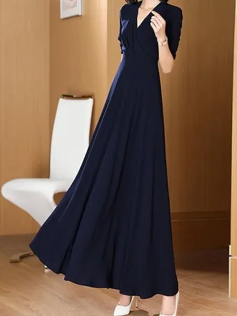 Women Plain V Neck Long Sleeve Comfy Casual Maxi Dress