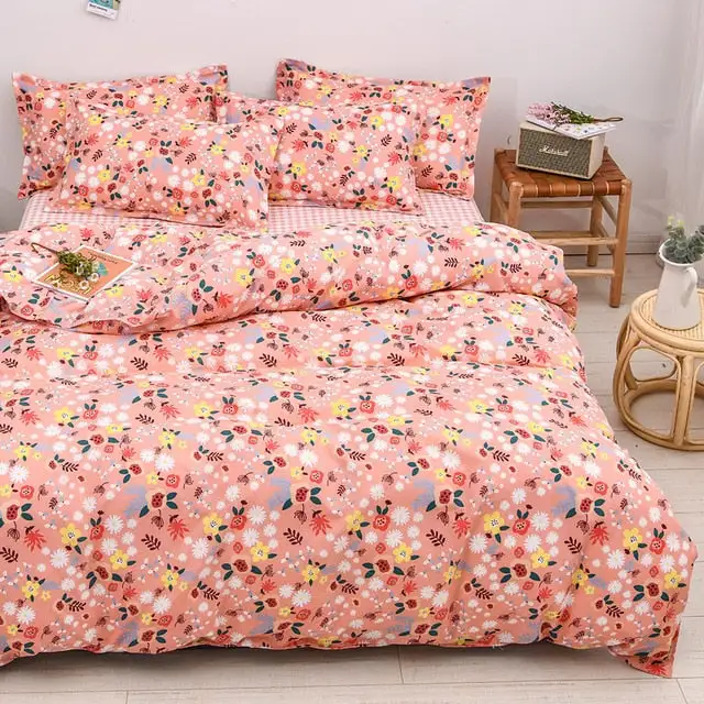 (Store Closing Sale) Flower Duvet Cover Bedding Set Peach Daisy Pastoral style Flat Bed Sheet