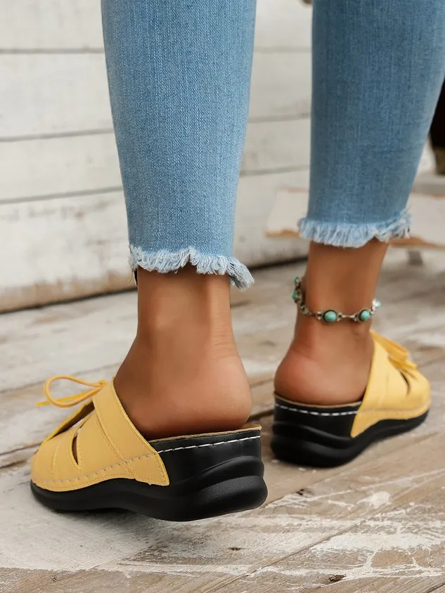 Casual Bowknot Hollow out Comfy Wedge Heel Slide Sandals