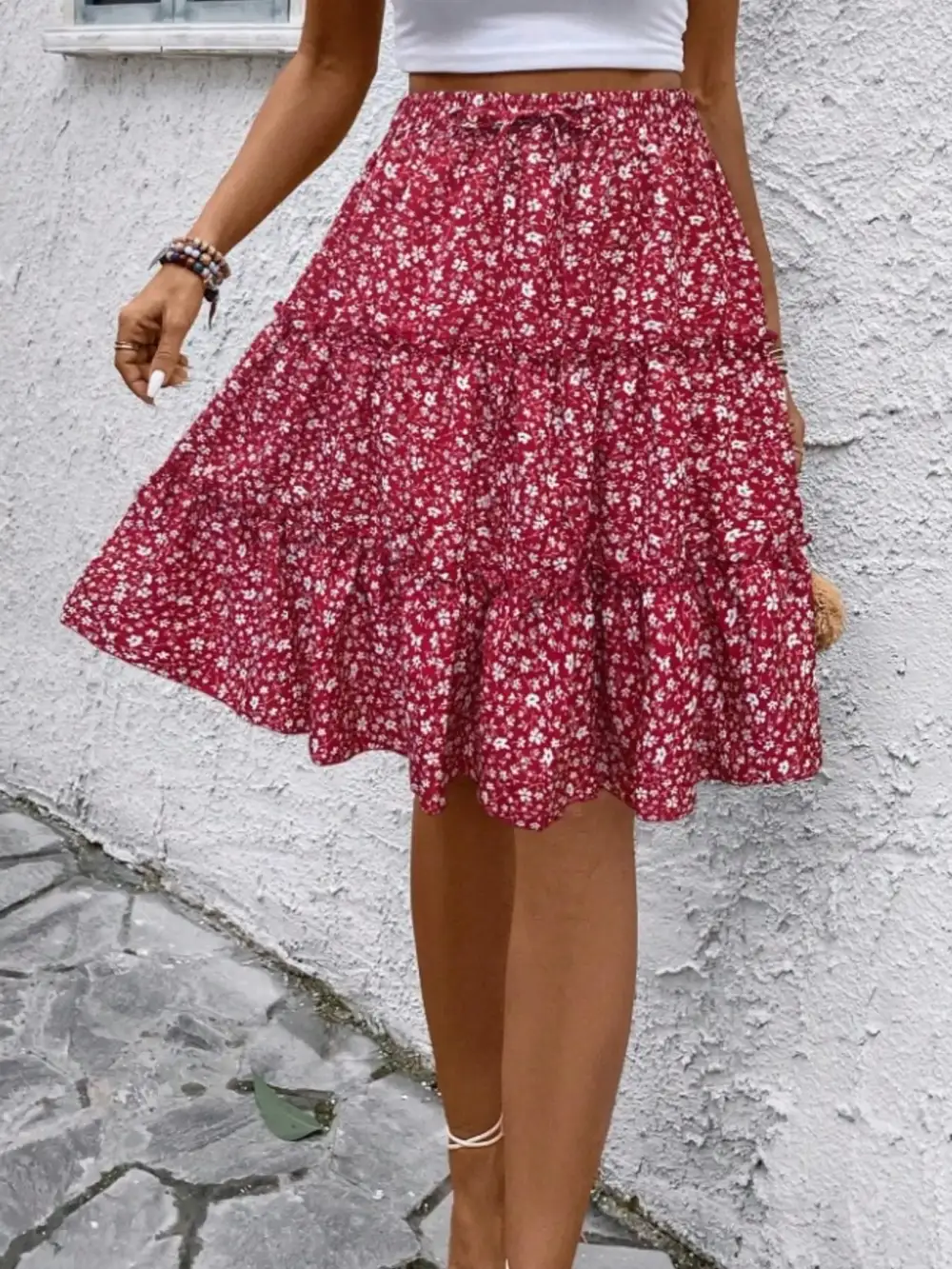 Textured Ruffle Trim Printed Silhouette Skirt