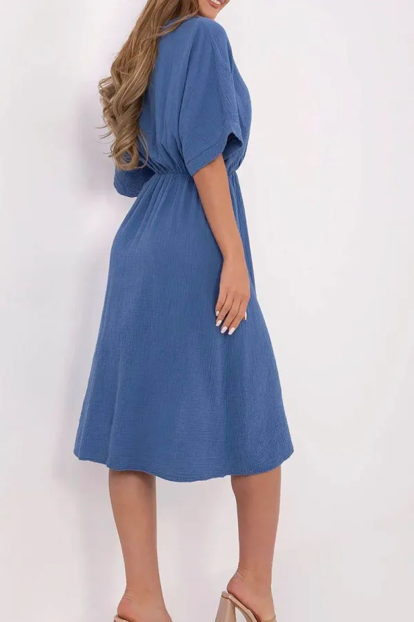 Airy Cotton Muslin Wrap Midi Dress With Elastic Waistband And Short Sleeve