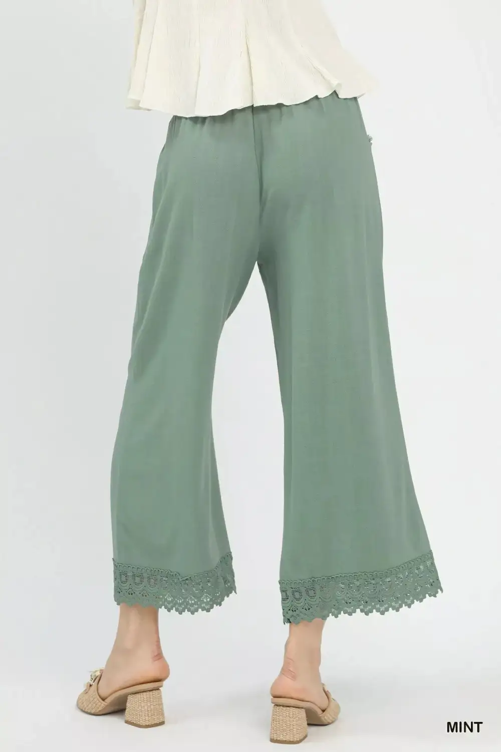 Everyday Linen Wide Leg Cropped Pants with Lace Trim