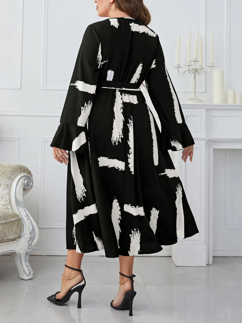 Black And White Special Neckline Flared Oversized Long Dress