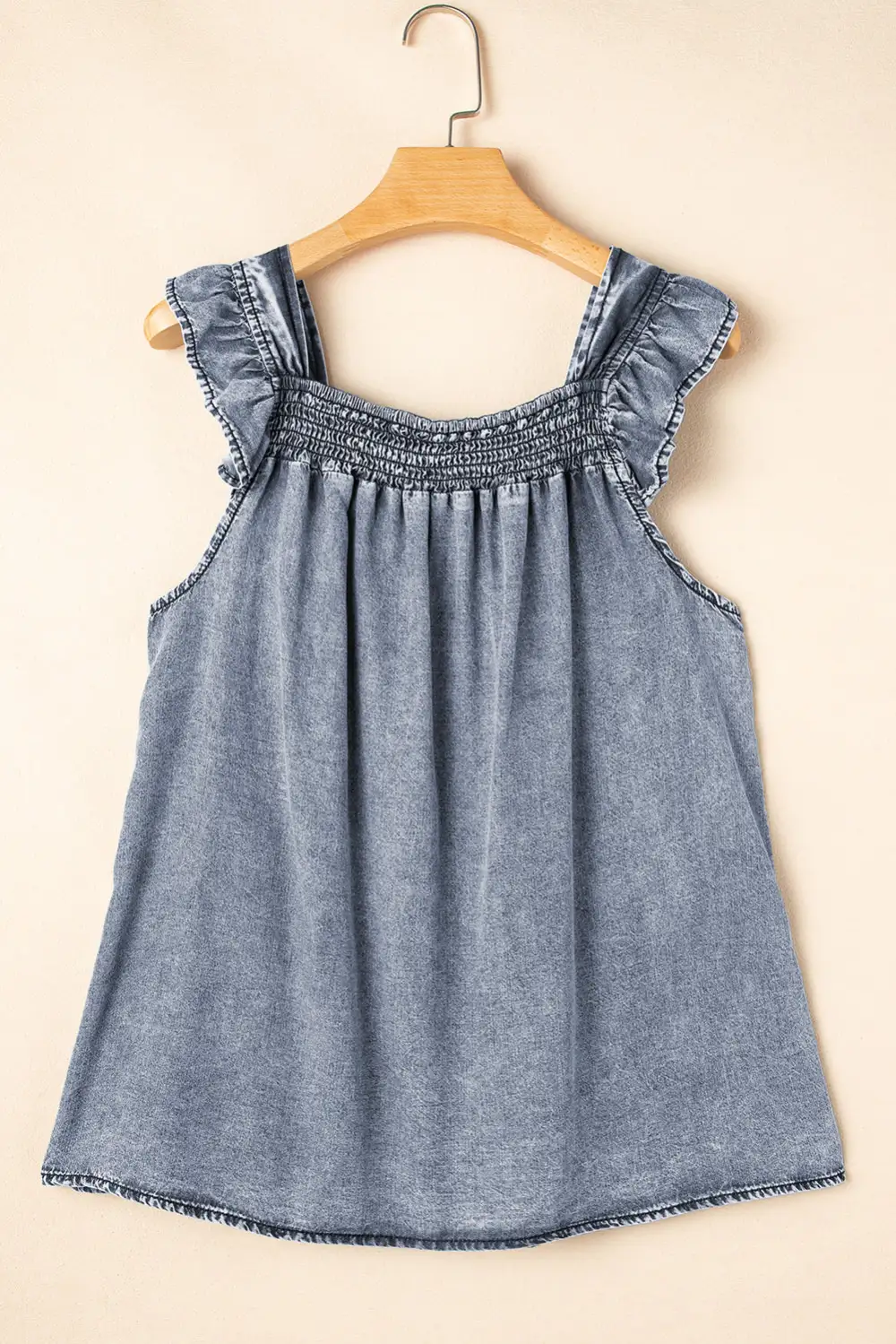Ruffled Shirred Neckline Sleeveless Denim Tank Top