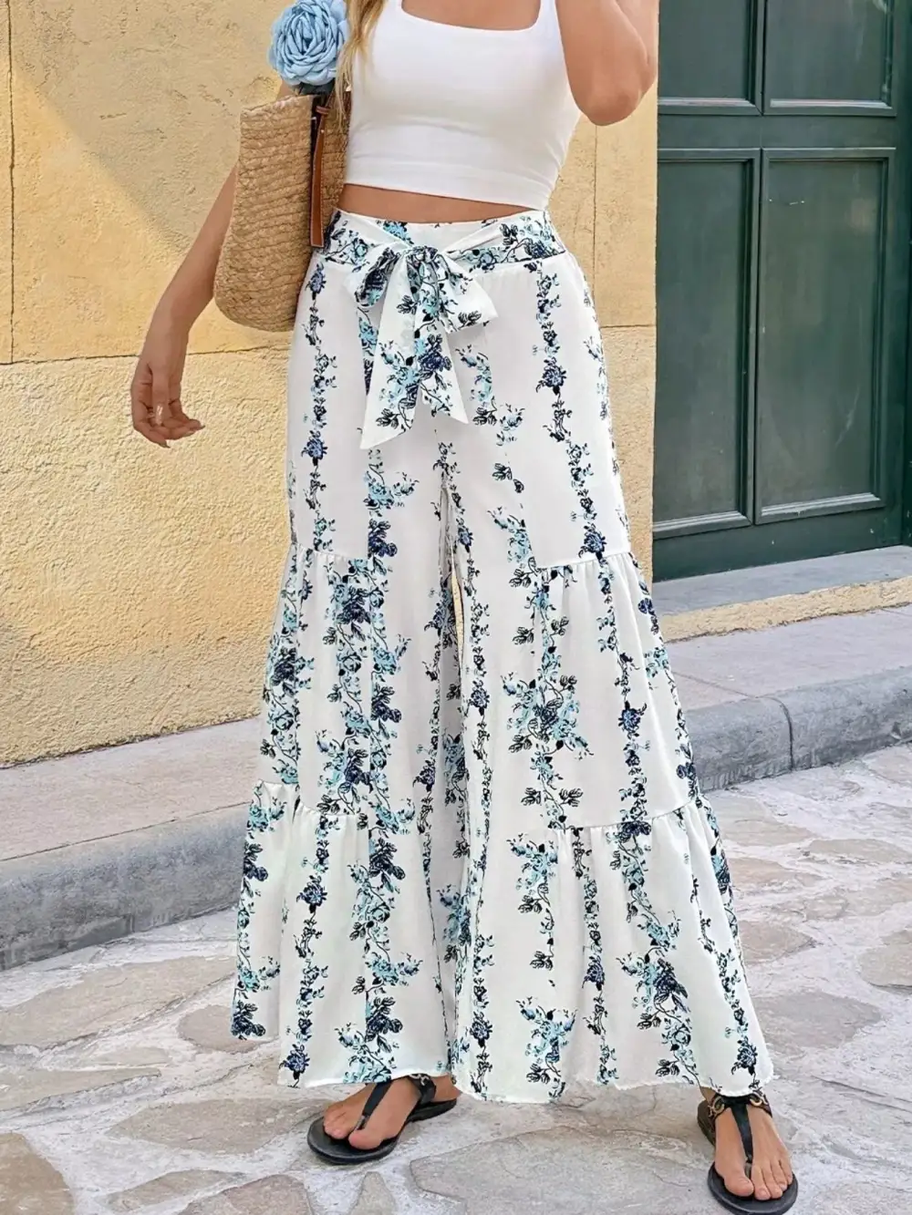 Floral Print Tie Front Wide Leg Pants