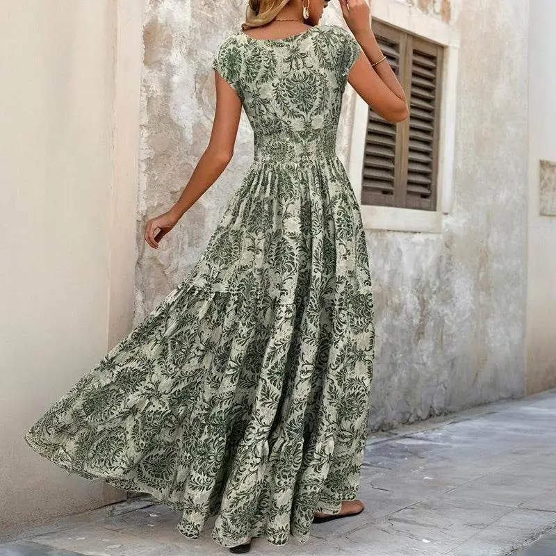 Flowy Printed V Neck Maxi Dress