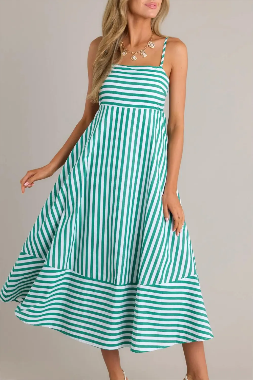 SERENE STUNNER 100% COTTON GREEN STRIPE MIDI DRESS