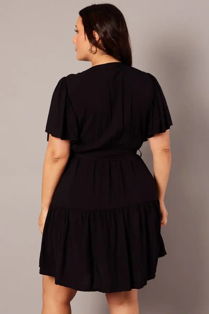 Black Wrapover Mini Dress Flare Sleeve Tie Waist