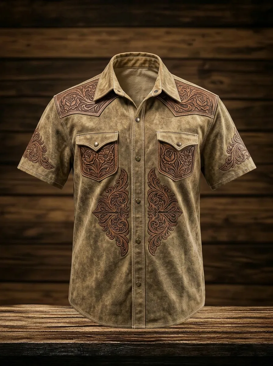 Men's Western Cowboy Floral Tooled Leather Printed Shirt-2