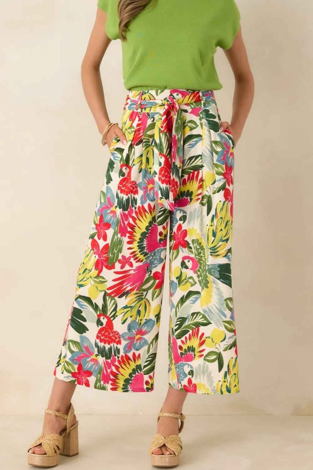 Multicolor Parrot Print Belted Crop Pants