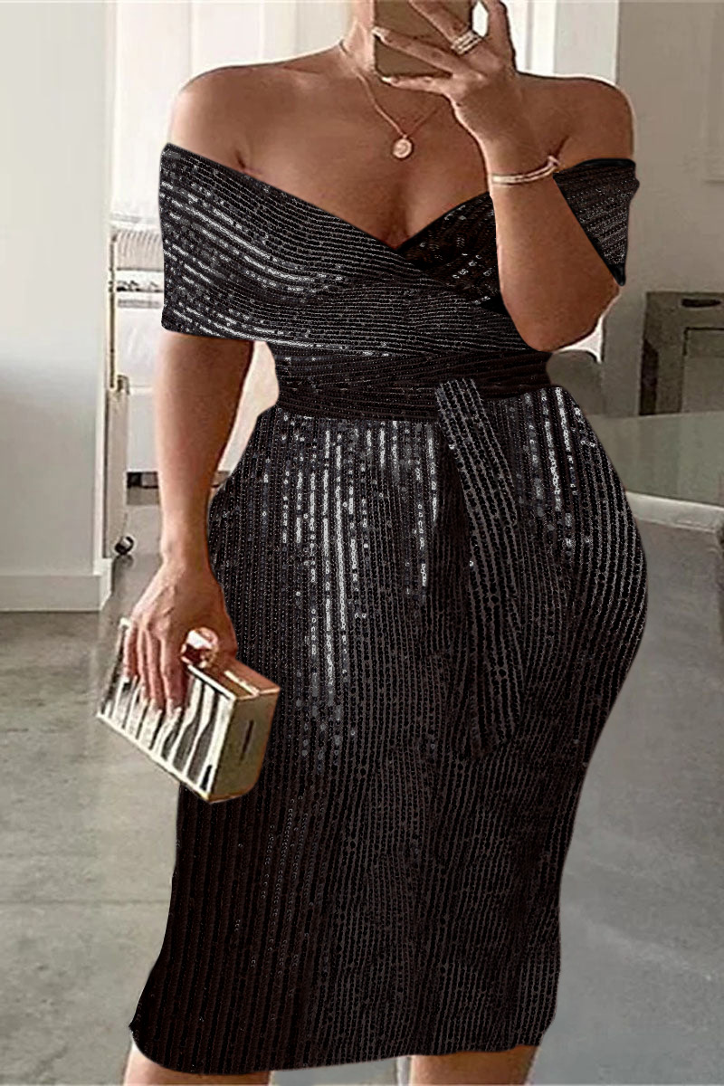 Women‘s Plus Size Formal Elegant Sequin Off The Shoulder Midi Dresses