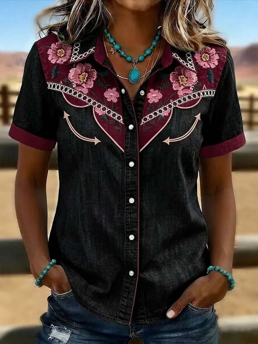 Women'S Retro Western-Style Print Short-Sleeved Shirt