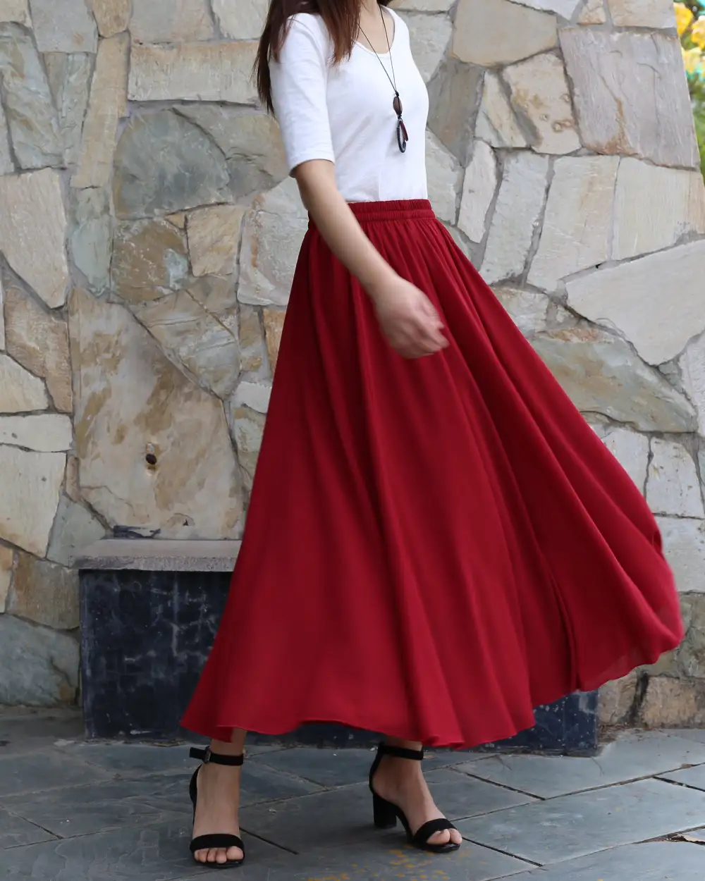 Airy Elastic Waist Chiffon A Line Maxi Skirt