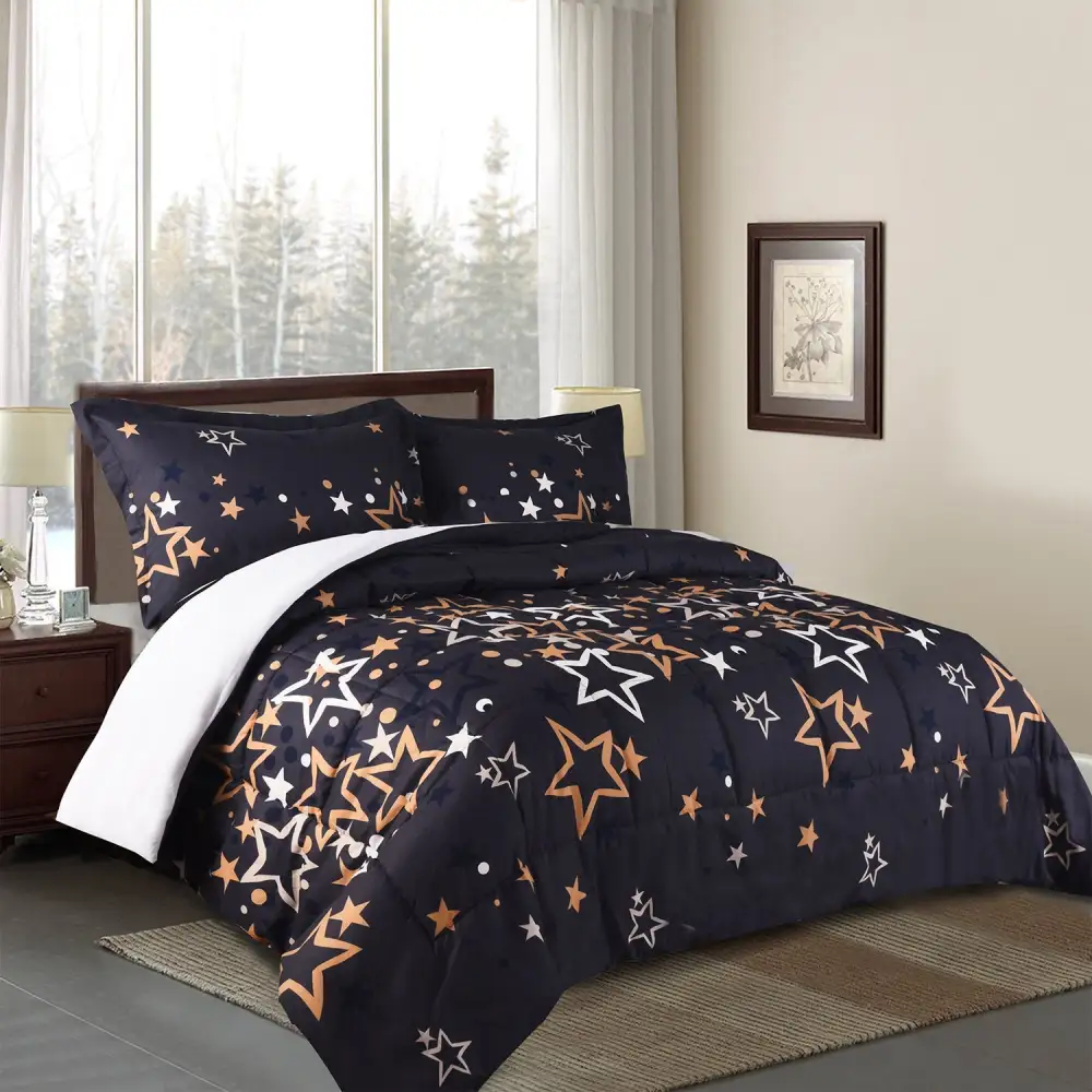 HIG Geometric Print Comforter Set, Grid / Stars Pattern, 3 PCS Lightweight Quilted Comforter with Two Shams