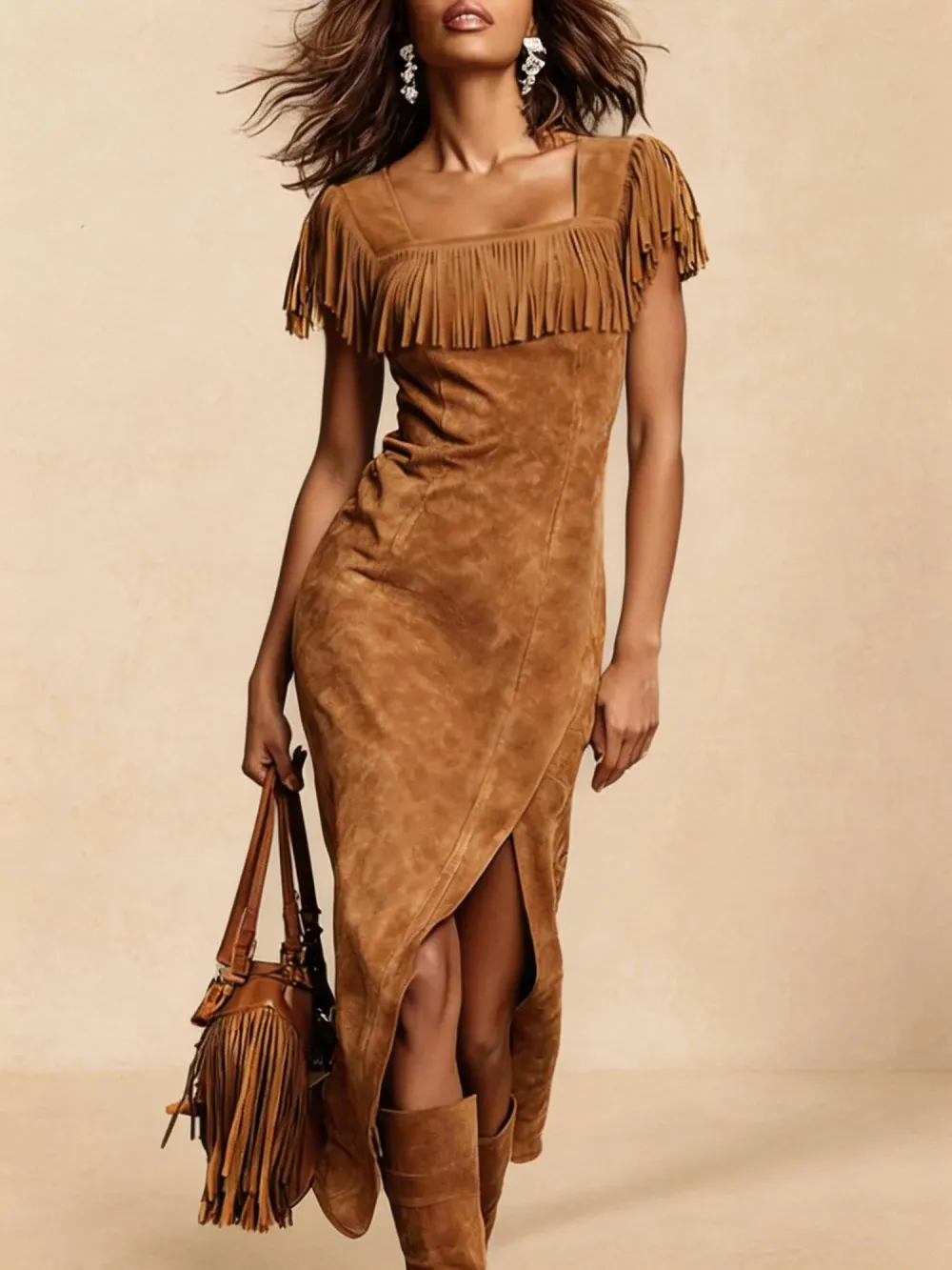 Western Retro Light Brown Faux Suede Slit Tassel Short-Sleeve Midi Dress