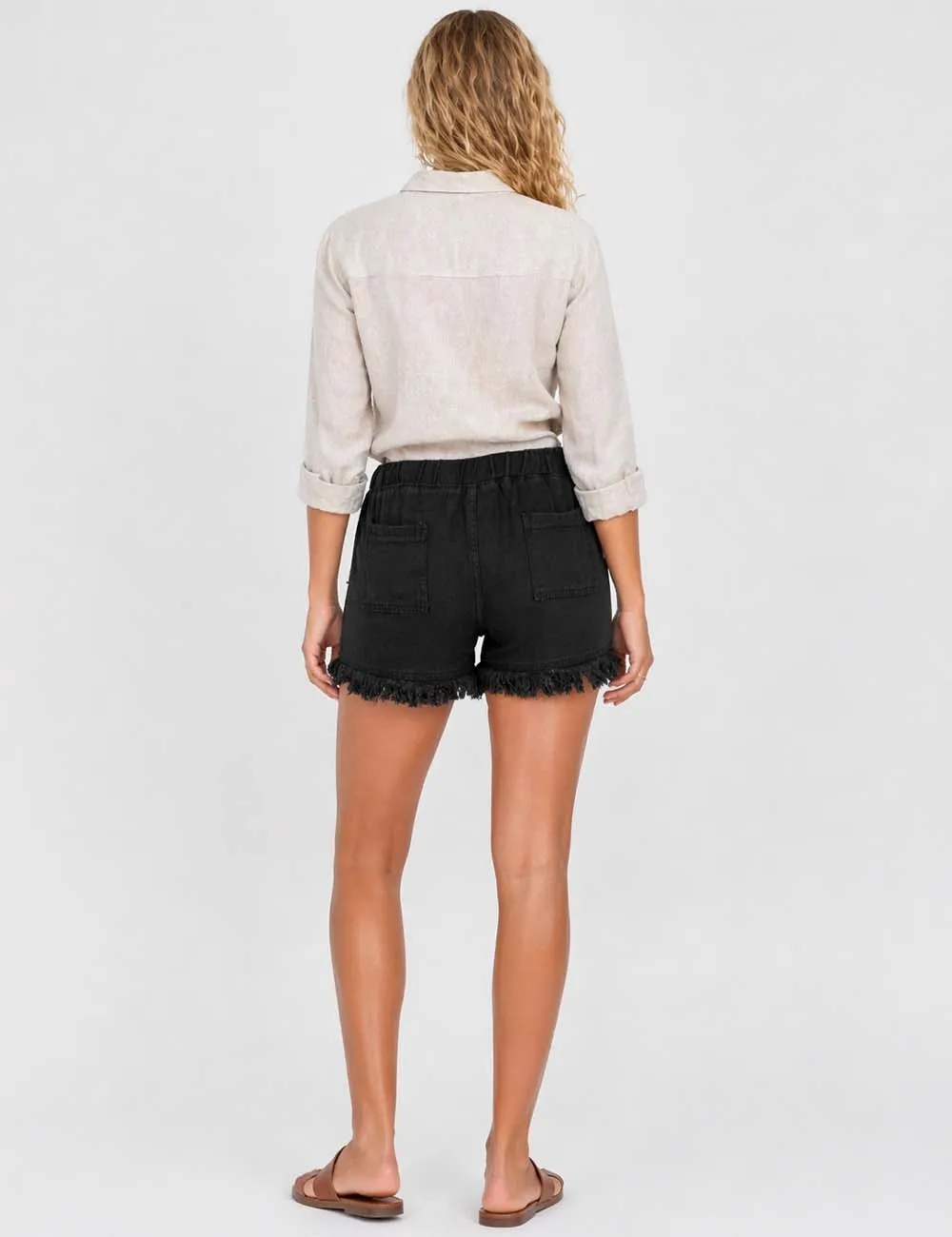 Solid Color Drawstring Waist Frayed Hem Denim Shorts