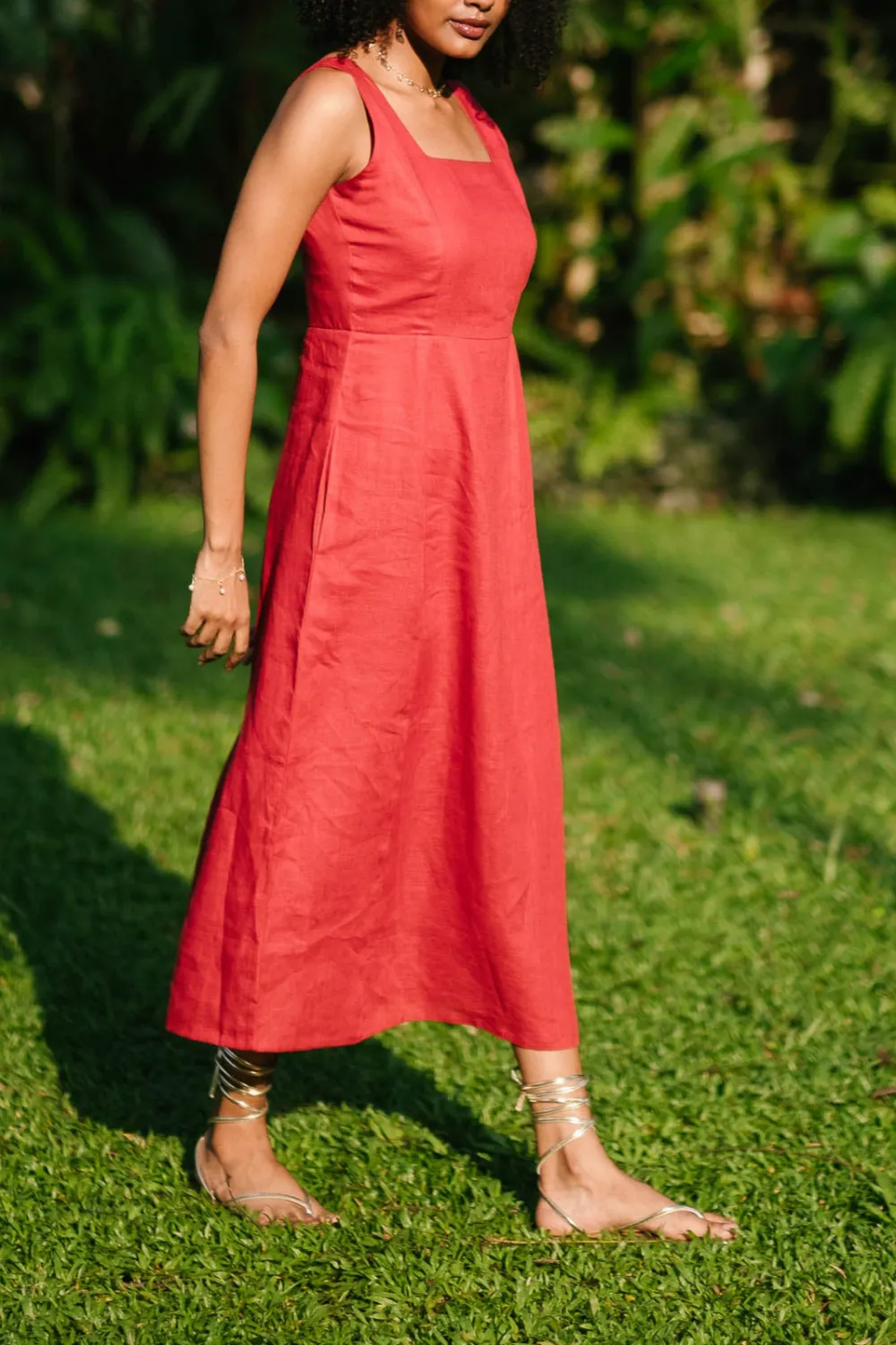 Rust Red Linen Square-Neck Midi Dress