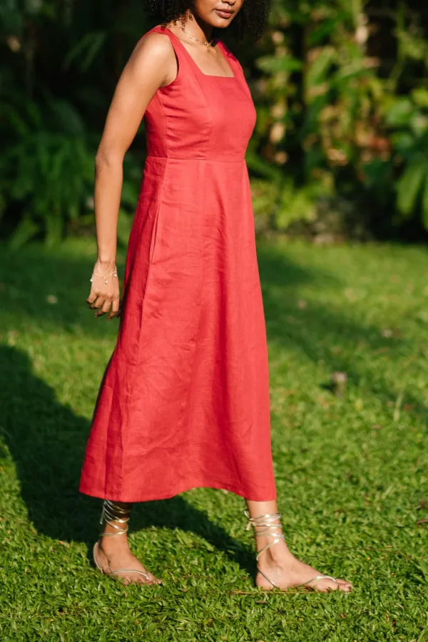 Rust Red Linen Square-Neck Midi Dress