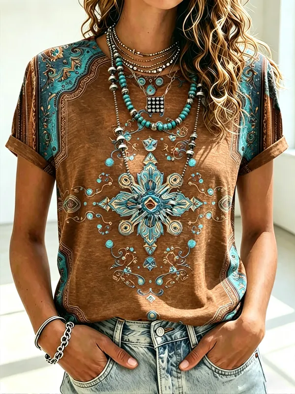 Women's Retro Ethnic Western Printed Round Neck T-Shirt