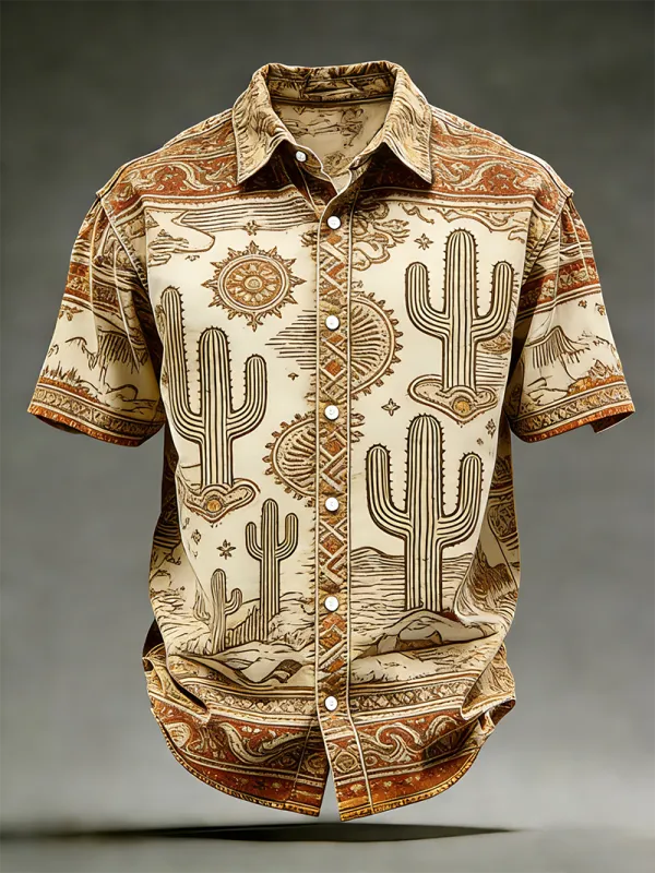 Men's Vintage Cactus Sketch & Sun Aztec Western Shirt